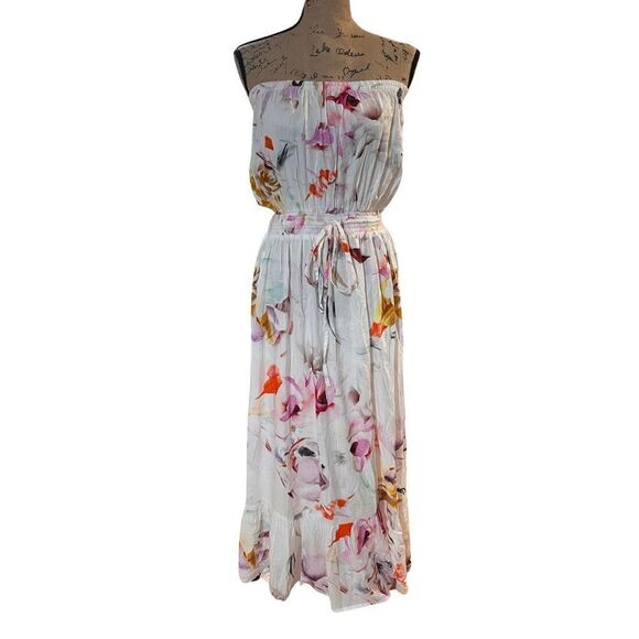 Plum Pretty Sugar White Floral Strapless Casual Women’s  Maxi Dress Bridesmaid L - Picture 2 of 11